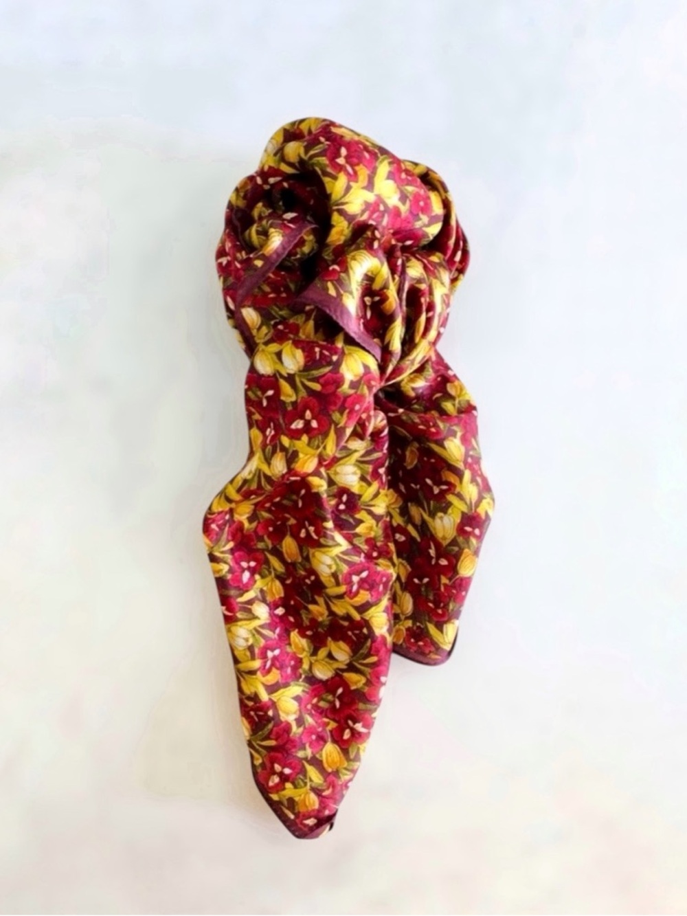 Vintage Red Iris Flower & Yellow Floral Print Silk Neck Scarf